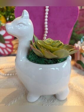 Handcrafted White Ceramic Llama Planter with Faux Green Succulent